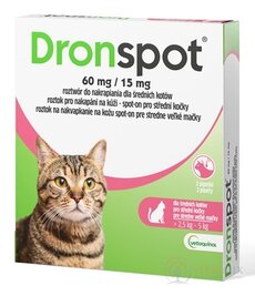 Dronspot 60 mg/15 mg spot-on (2 pipety) pro středně velké kočky (>2,5 - 5 kg) 2x0,7 ml